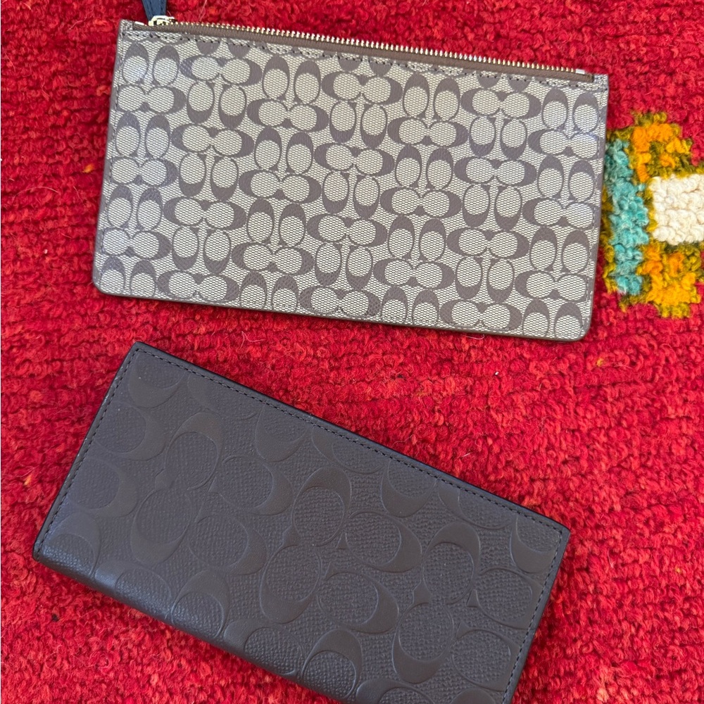 Coach Classic Leather Brown Wallet and Tan Logo Pouch Set